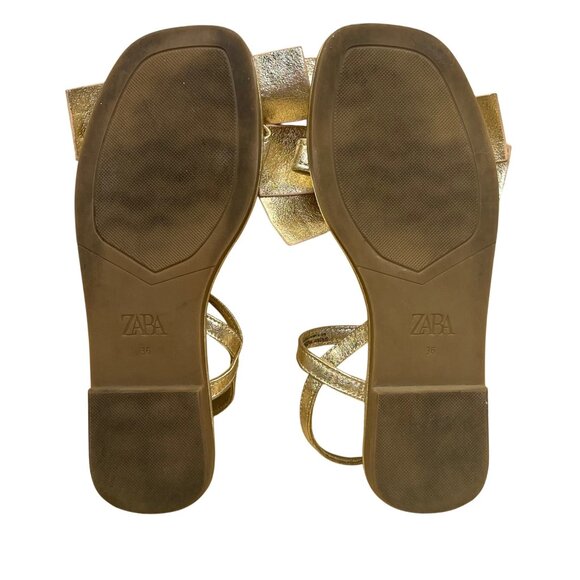 Zara Women’s Gold Metallic Adjustable Strap Bow Flat Sandals Size 6.5US - Picture 7 of 7